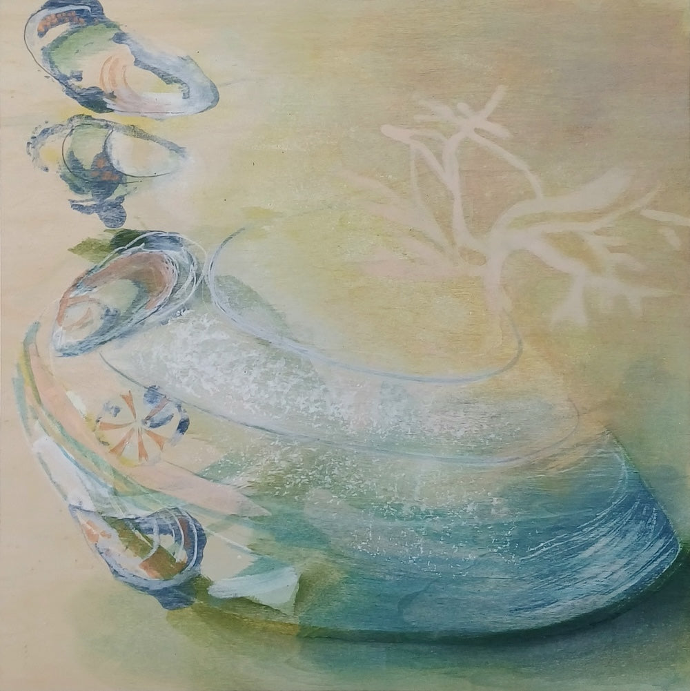 Home Sweet Home mixed media shell painting on wood panel
