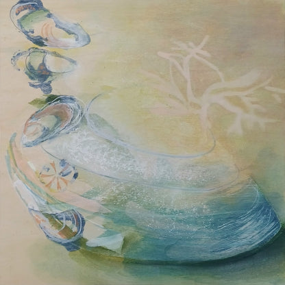 Home Sweet Home mixed media shell painting on wood panel